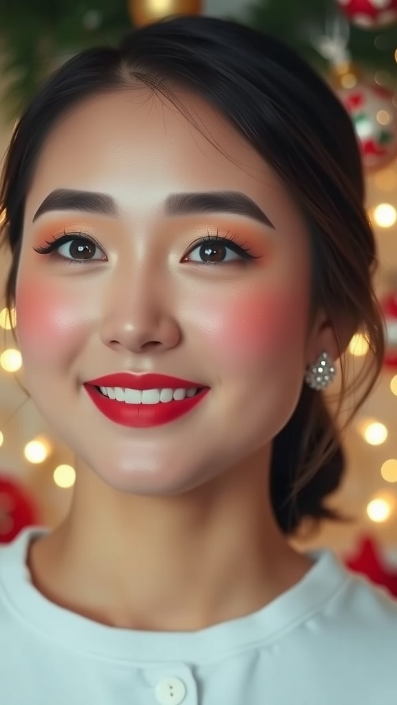 Korean Christmas makeup with glowing skin, soft blush, and red lips, set against a festive backdrop.